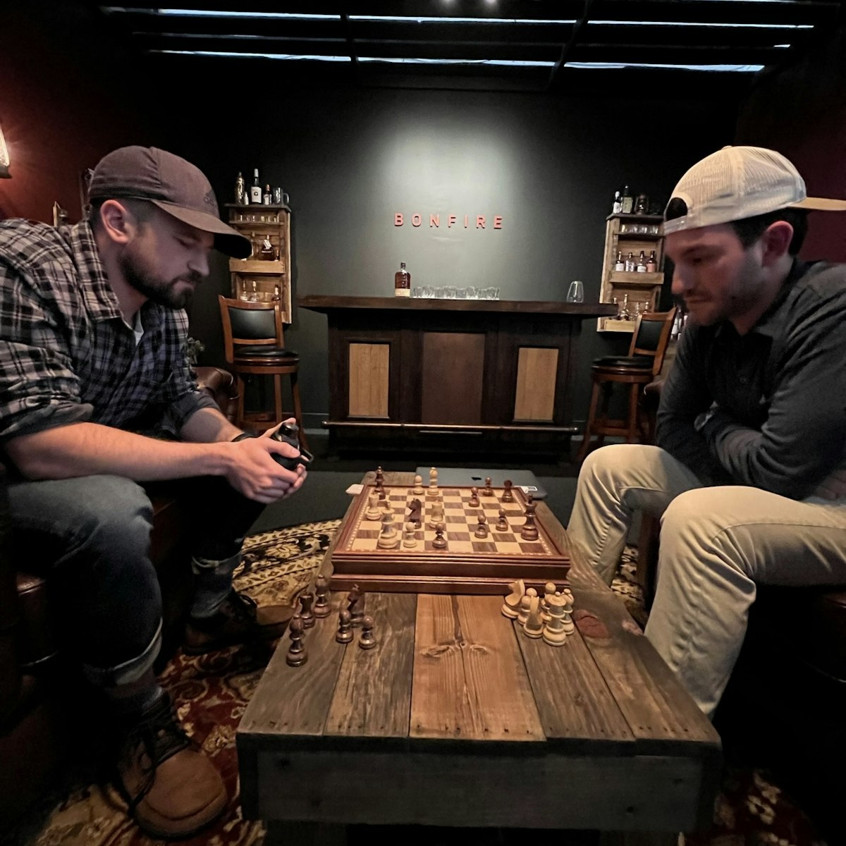 Joe and Mike playing chess at Bonfire HQ